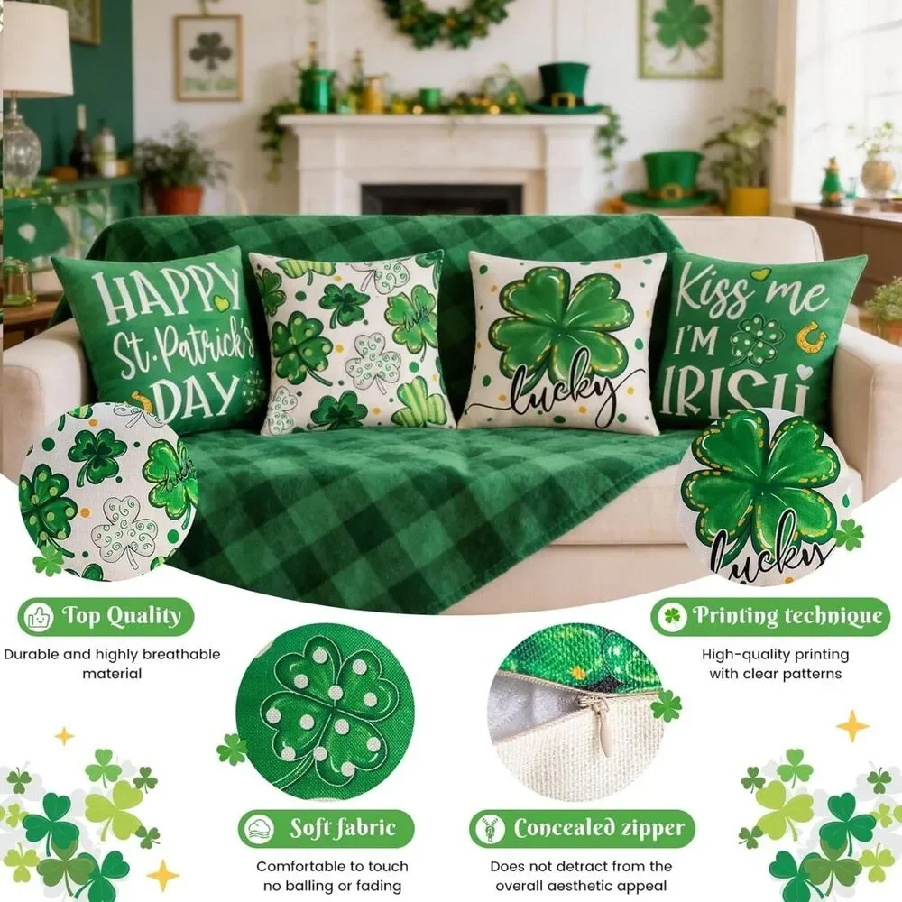 St. Patrick's Day Pillow Covers 18 x 18 inches 4Pc Set Green Lucky Clover